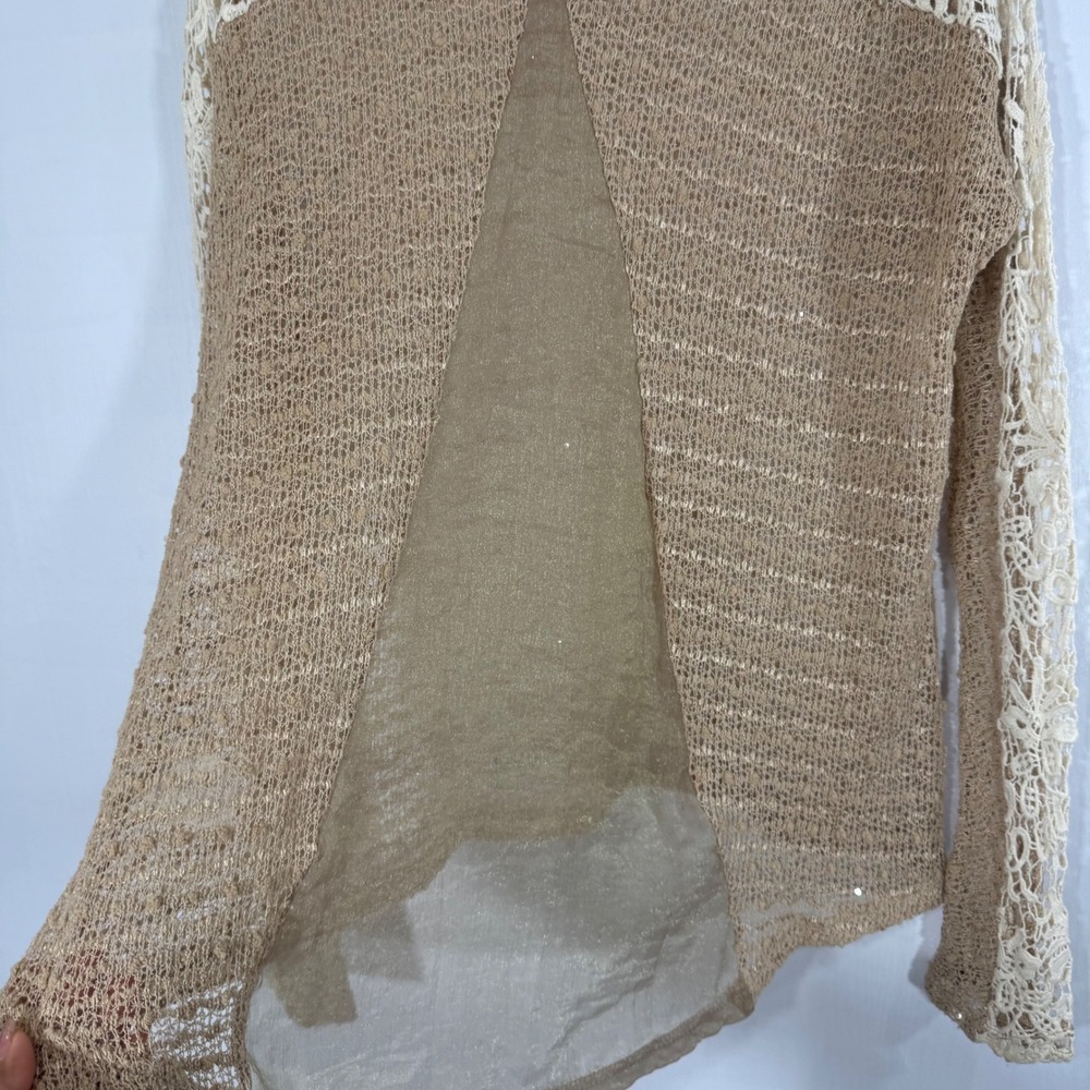a'reve‎ Womens L Lace Long Sleeve Boho Knit Top Beige Brown Casual Pullover - Picture 5 of 12